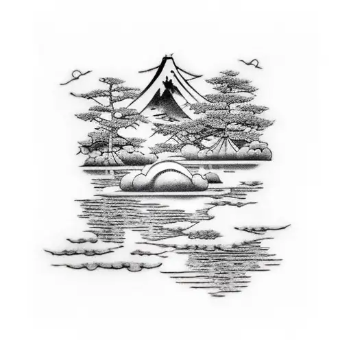 A Serene Landscape Of A Japanese Garden With Water Features And Fluffy Clouds Overhead