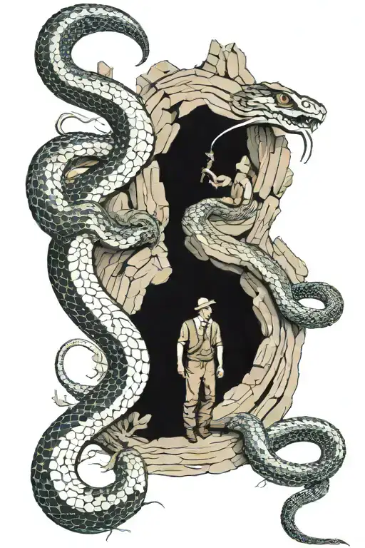 3 Men In A Cave Facing A Giant Snake