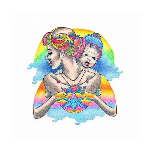 A Traditional Style Tattoo Of A Mother And Daughter Silhouette Against A Colorful Rainbow Backdrop