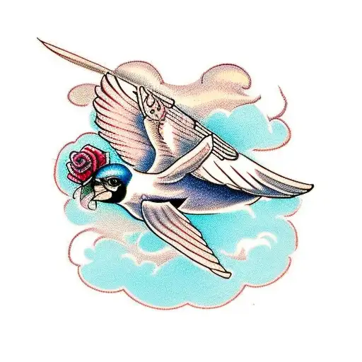 Flying Sparrow With A Rose