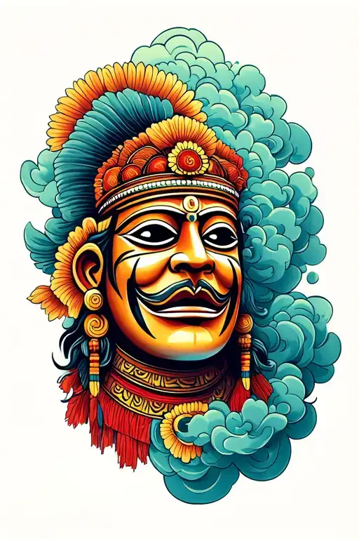 Traditional Nepalese Ceremonial Mask Portrait Fading Into Nepalese Style Clouds