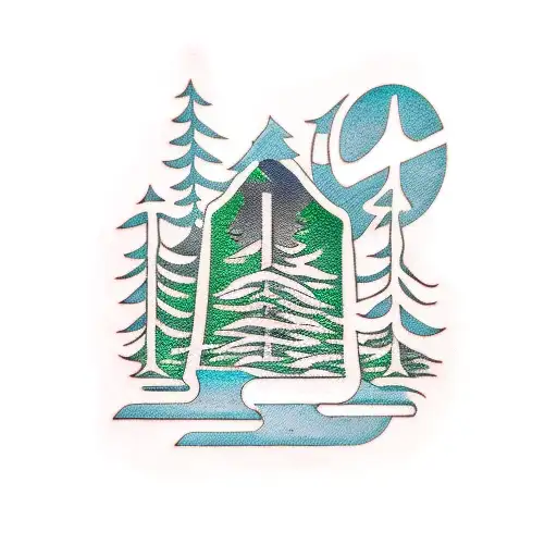 A Traditional Tattoo Of A Forest Scene With Hidden Cybersecurity Symbols