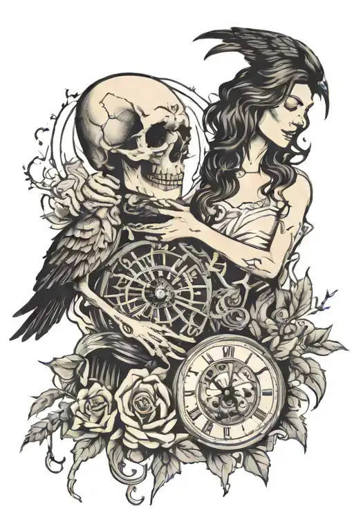 Woman And Child Walking Hand-in-hand With The Raven Illuminated Skull And Broken Time Piece