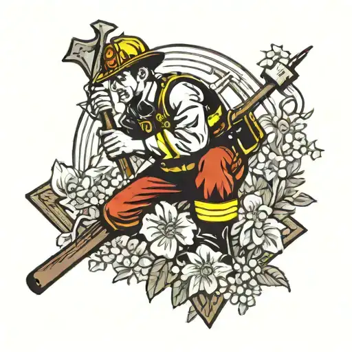 Firefighter Kneeling With Axe In Hand Before A Christian Cross Surrounded By Flowers