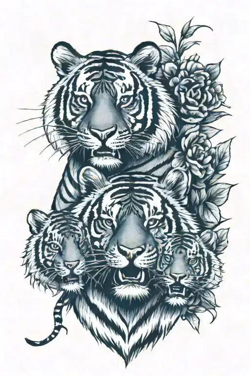 One Grown Male Tiger And Two Tiger Cubs