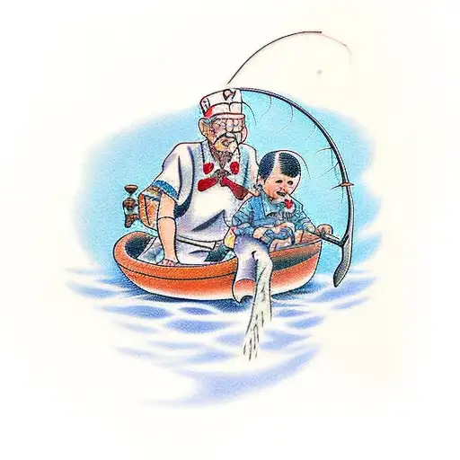 A Traditional Style Tattoo Of A Grandpa Teaching A Child How To Fish