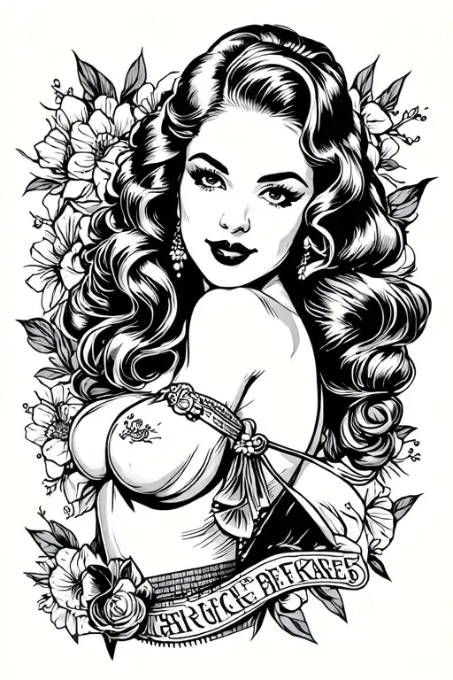 Pinup Girl From Bust Up Black And White Outline