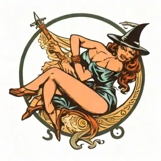 Pin Up Witch Sitting On Crescent Moon