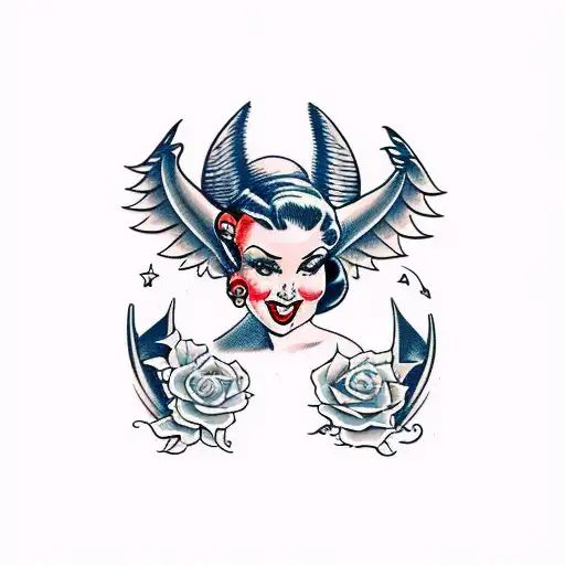 American Traditional Pinup With Big Hair And Bat Wings