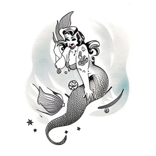 Pin Up Mermaid Showing Breast And Buttons Sensual Flowing Swimming