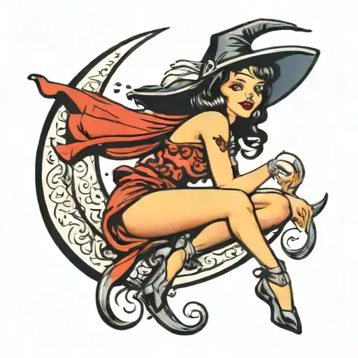 Pin Up Witch Sitting On Crescent Moon