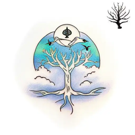 Tree Of Life With Flying Birds