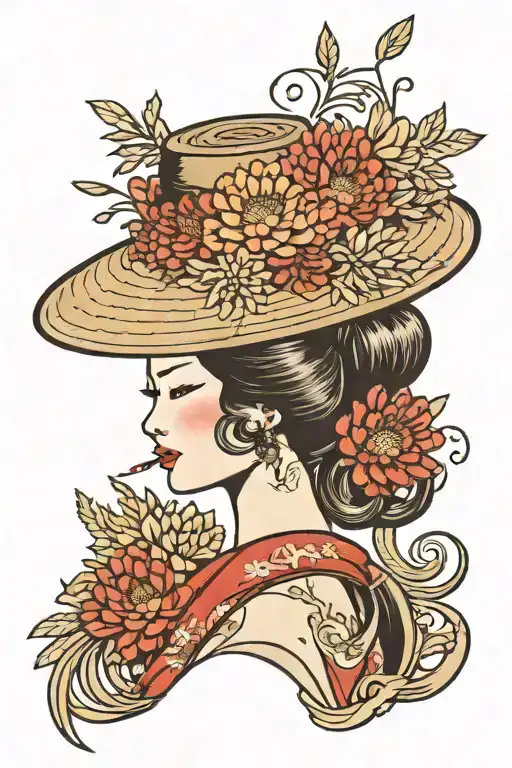 Geisha Using Oriental Straw Hat With Chrysanthemum Floral Filler