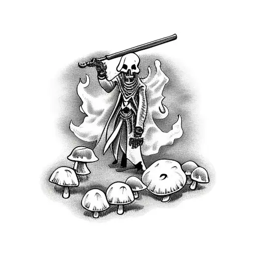 Traditional Grim Reaper With Scythe Walking Through Field Of Mushrooms