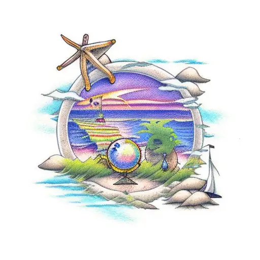 A Serene Beach Landscape With Subtle References To Final Fantasy 7 And The Client's Favorite Things