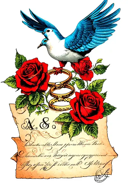 Blue Dove With Weeding Rings And A Paper That Says A&s And Red Roses