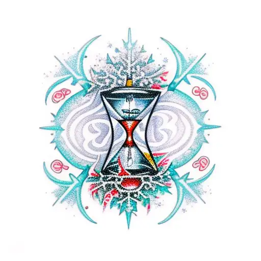 An Hourglass Filled With Swirling Snowflakes And Spiritual Symbols