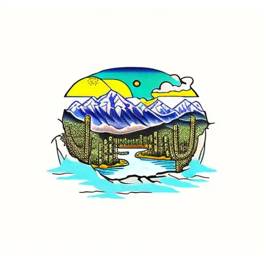 Rocky Mountains With A Saguaro Cactus In The Foreground With A River