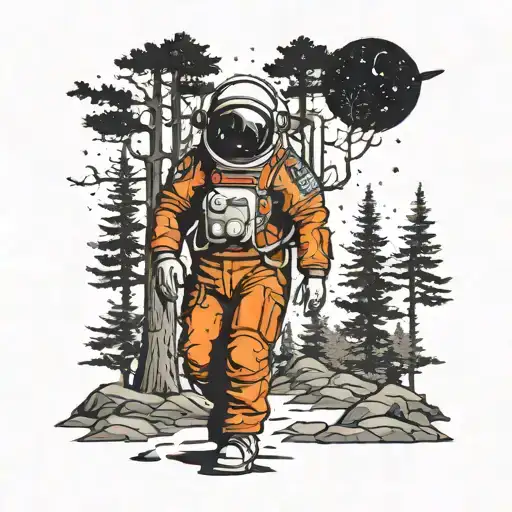 A Haunting Dotwork Tattoo Of A Lone Astronaut Wandering Through A Dark Forest On A Distant Planet