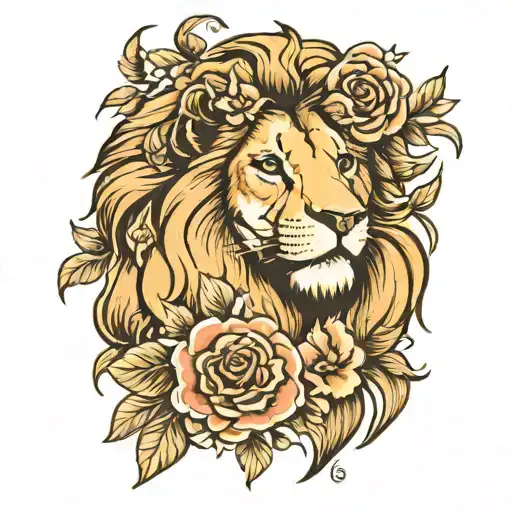 Feminine Lion Tattoo With Flowers Around It