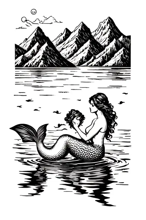 Mountains And Mermaid Sitting In Water