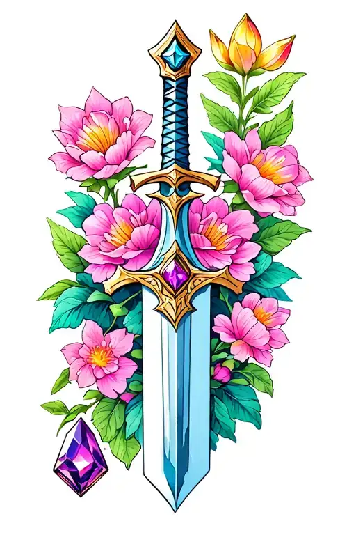 Zelda Master Sword Surrounded By Silent Princess Flowers And The Three Spiritual Stones
