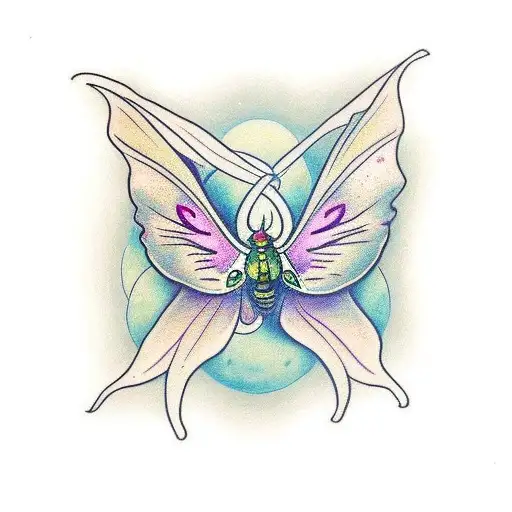 A Chest Tattoo Of A Luna Moth Flying Near A Lily Flower