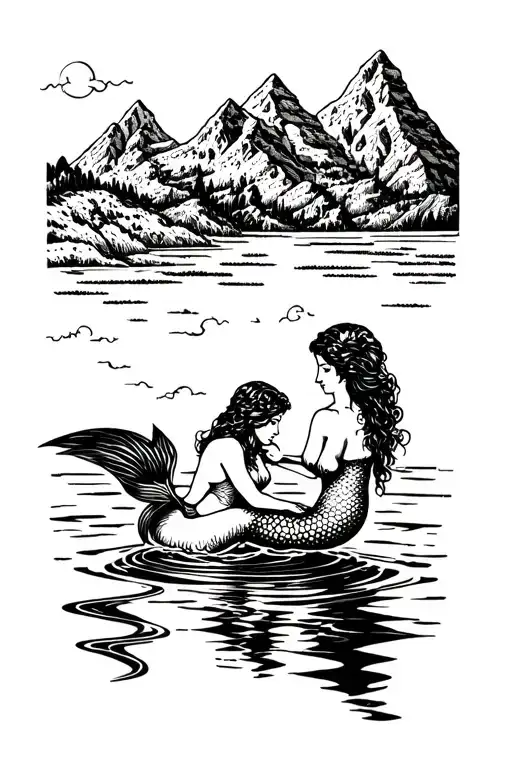 Mountains And Mermaid Sitting In Water