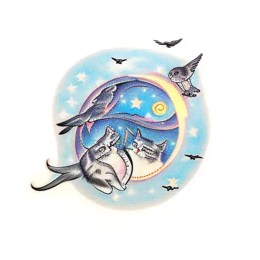 Flying Birds Forming A Cat Silhouette Against A Starry Night Sky