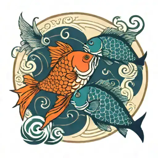 2 Karp Fish Swimming In A Circular Pattern Opposite Directions With Chinese Symbol In The Middle