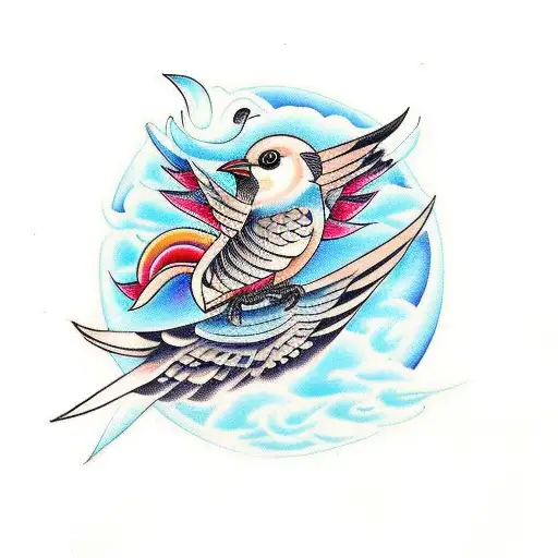 Tradional Bird With Sky An Water