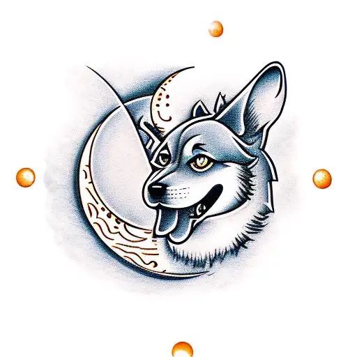 A Traditional Style Design Of A Dog Howling At The Moon With Musical Symbols Around It
