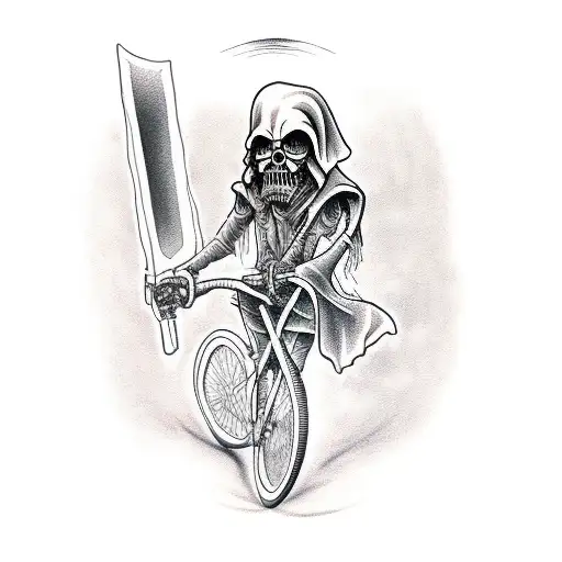 Grim Reaper On A Drop Handlebar Bicycle And Holding A Sith In His Left Hand