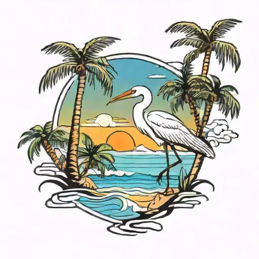 Egret On The Beach Scene With Palm Trees