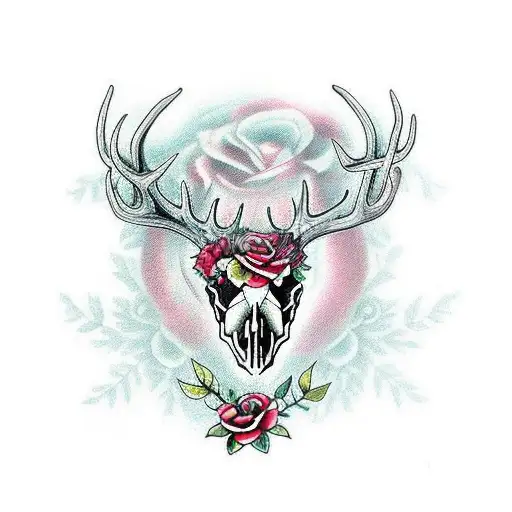 Realalistic Deer Skull With Roses Rapped Around The Horns