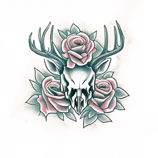 Deer Skull With Roses Rapped Around The Horns