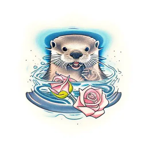 Otter In A River Holding Up A Glasss Of Bourbon And A Rose