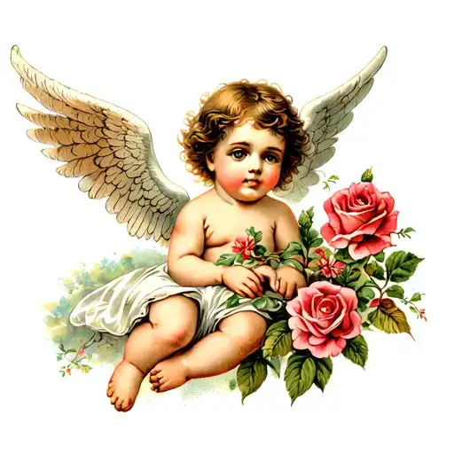 Baby Angel With Roses Blooming
