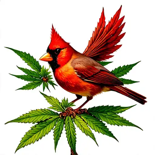 Cardinal Perched On The Stem Of A Cannabis Plant