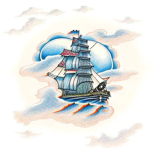 A Traditional Pirate Ship Sailing Through A Storm Of Electric Guitars