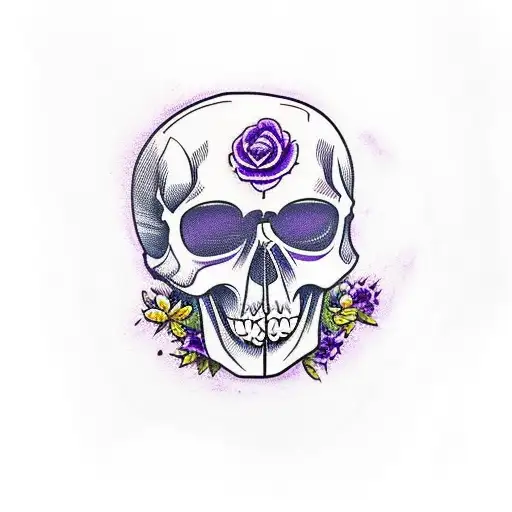 Skull With Purple Violet Flowers