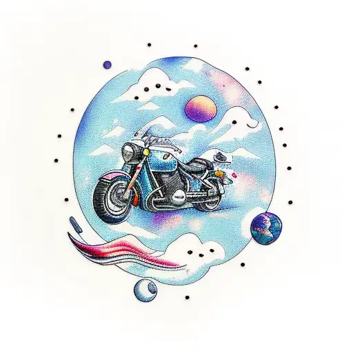 Motorcycle Rider Within Celestial Planets Milky Way Galaxy Mountains And Sea Waves