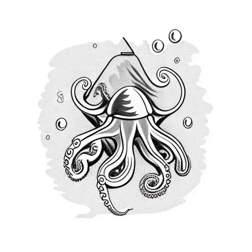 Octopus Body And Tentacles Holding A Model Ship In A Bottle