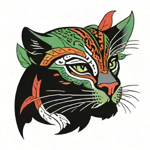 Black Panther Face Tattoo With Green And Red Colors