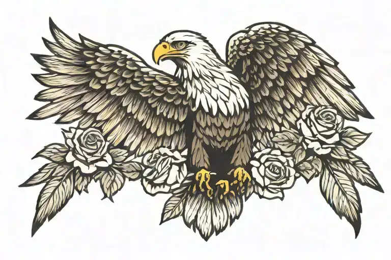 Eagle Two Roses Under The Wings Spread Wide With American Flag