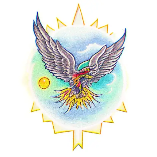 Phoenix Flying Up Towards Bright Shining Full Moon