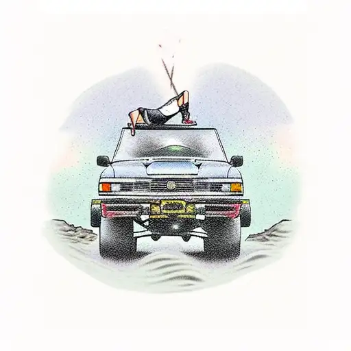 A Realistic Tattoo Of A Four-wheel Drive Vehicle Climbing A Rugged Mountain Trail At Dusk