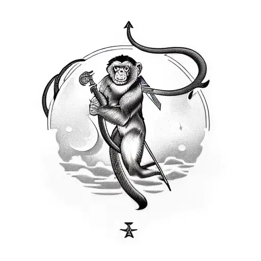 An Old School Vintage Travel Themed Tattoo Featuring A Monkey And A Sagittarius Symbol