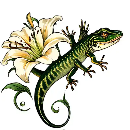 Lily Flowers With A Lizard Flying