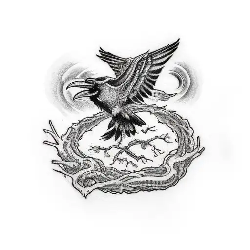 Raven Flying Out Of The Branches Of Yggdrasil And A World Serpent Curling In The Roots